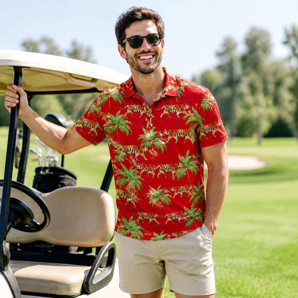Red Tiger Palm editorial look — men's bold print short-sleeve shirt