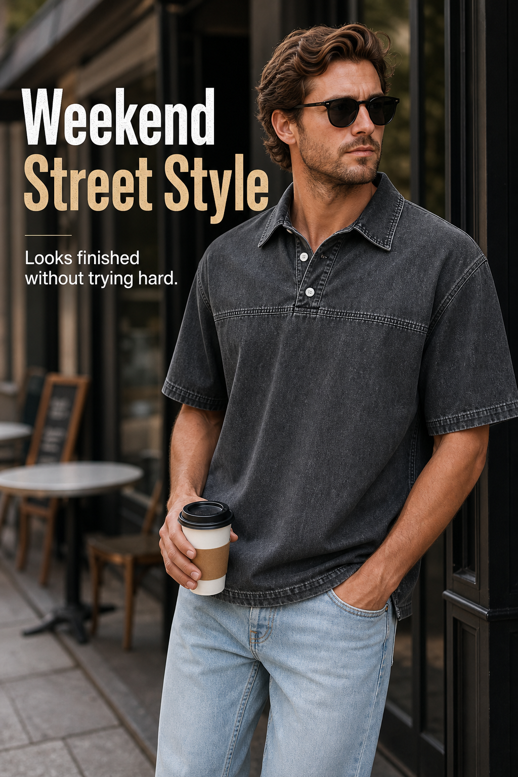 Men's Washed Denim Half-Button Short Sleeve Polo Shirt Scene2 Image Gen visual page