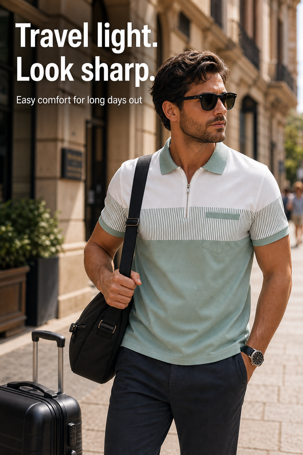 Men's Striped Color Block Half-Zip Pocket Polo Shirt Scene2 Image Gen one-pass visual page