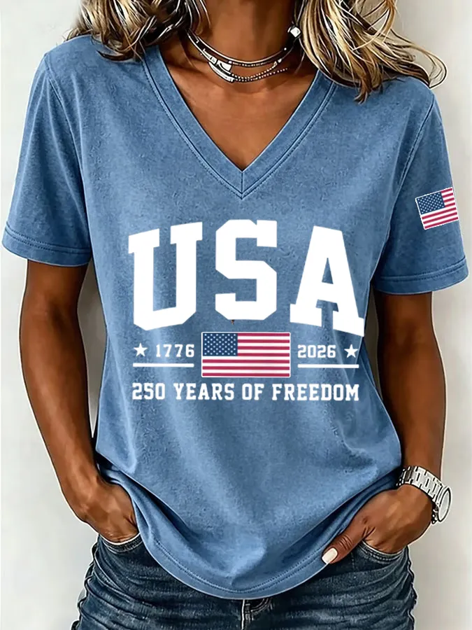 Women'S America Flag Floral Print Casual V-Neck T-Shirt - front view