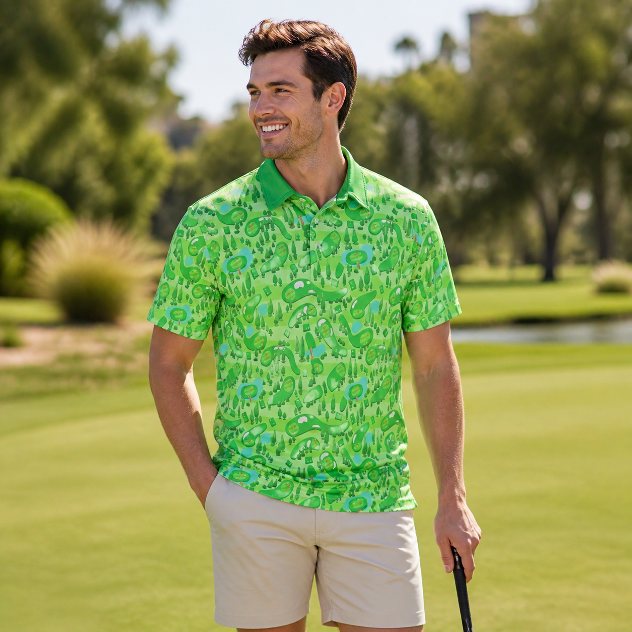 Green Dino editorial look — men's bold print short-sleeve shirt
