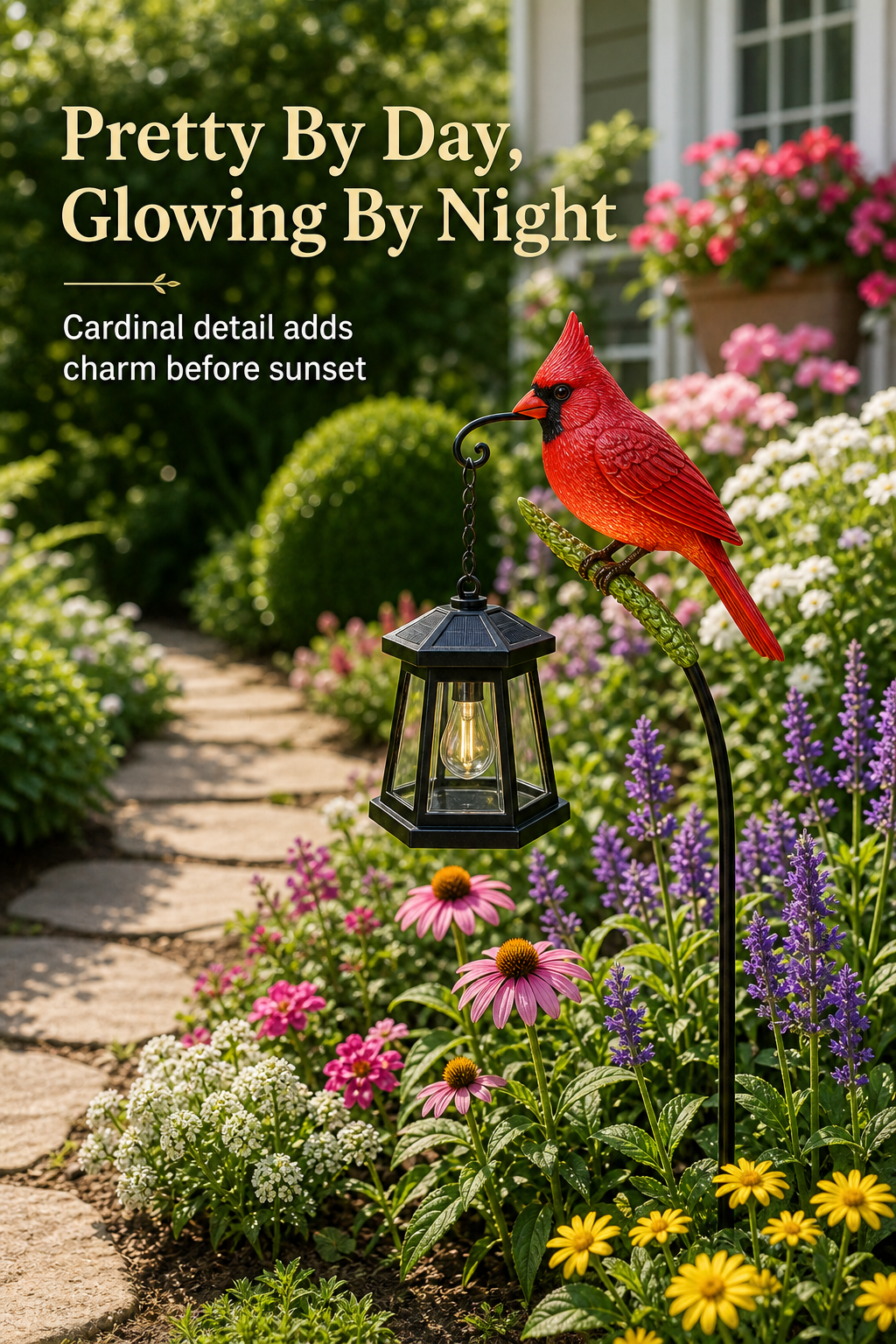 Decorative Bird Solar Garden Light Scene3 Image Gen one-pass visual page