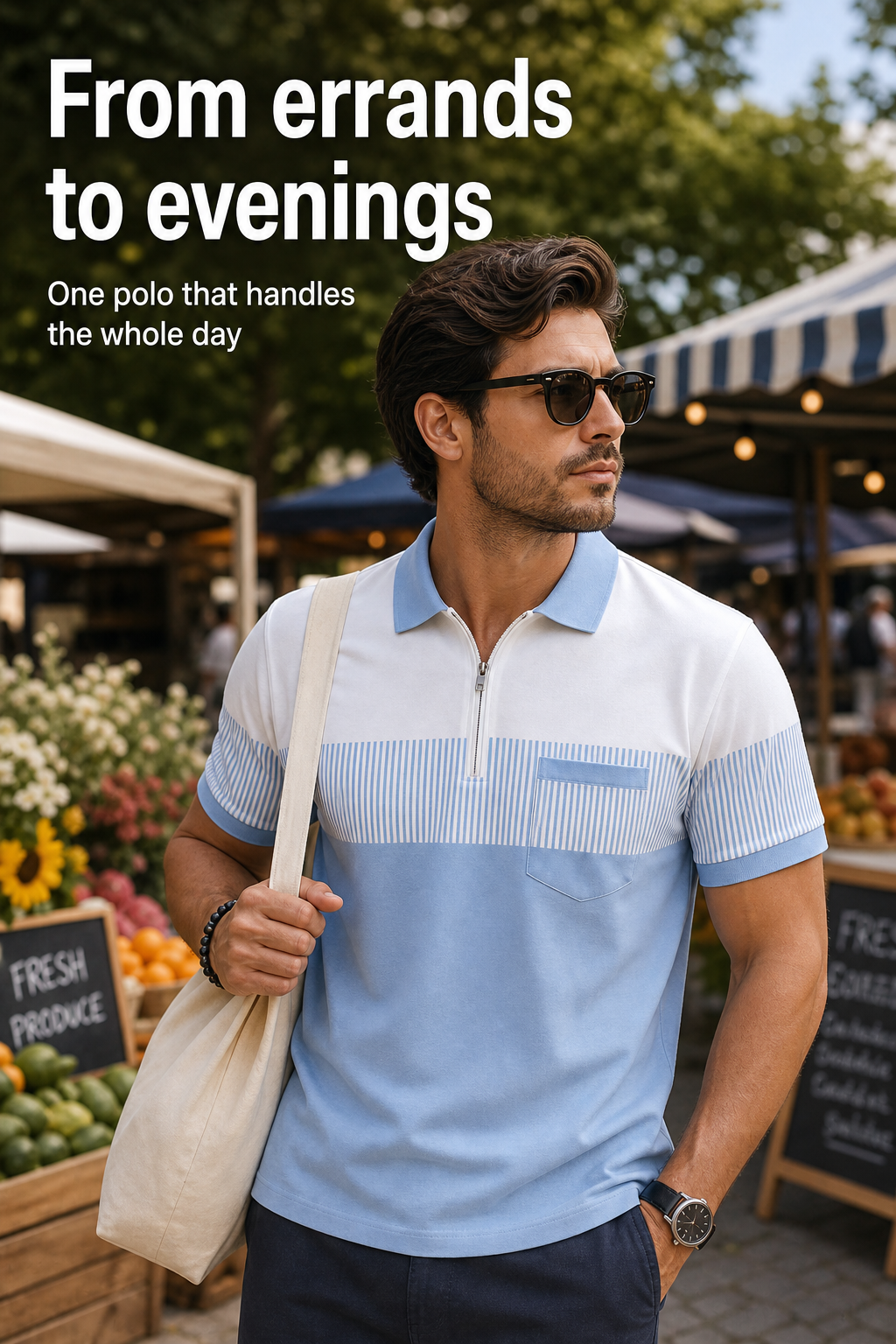Men's Striped Color Block Half-Zip Pocket Polo Shirt Scene3 Image Gen one-pass visual page