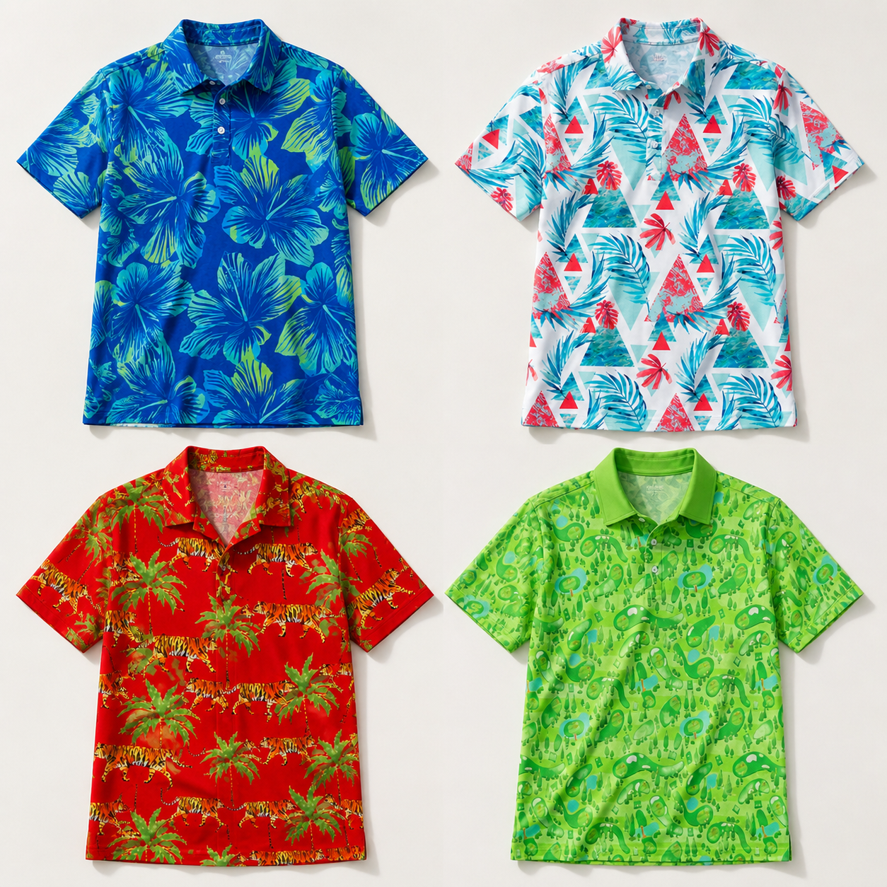 Four-piece set with Royal Blue Palm, White Geo Palm, Red Tiger Palm, and Green Dino men's bold print short-sleeve shirts