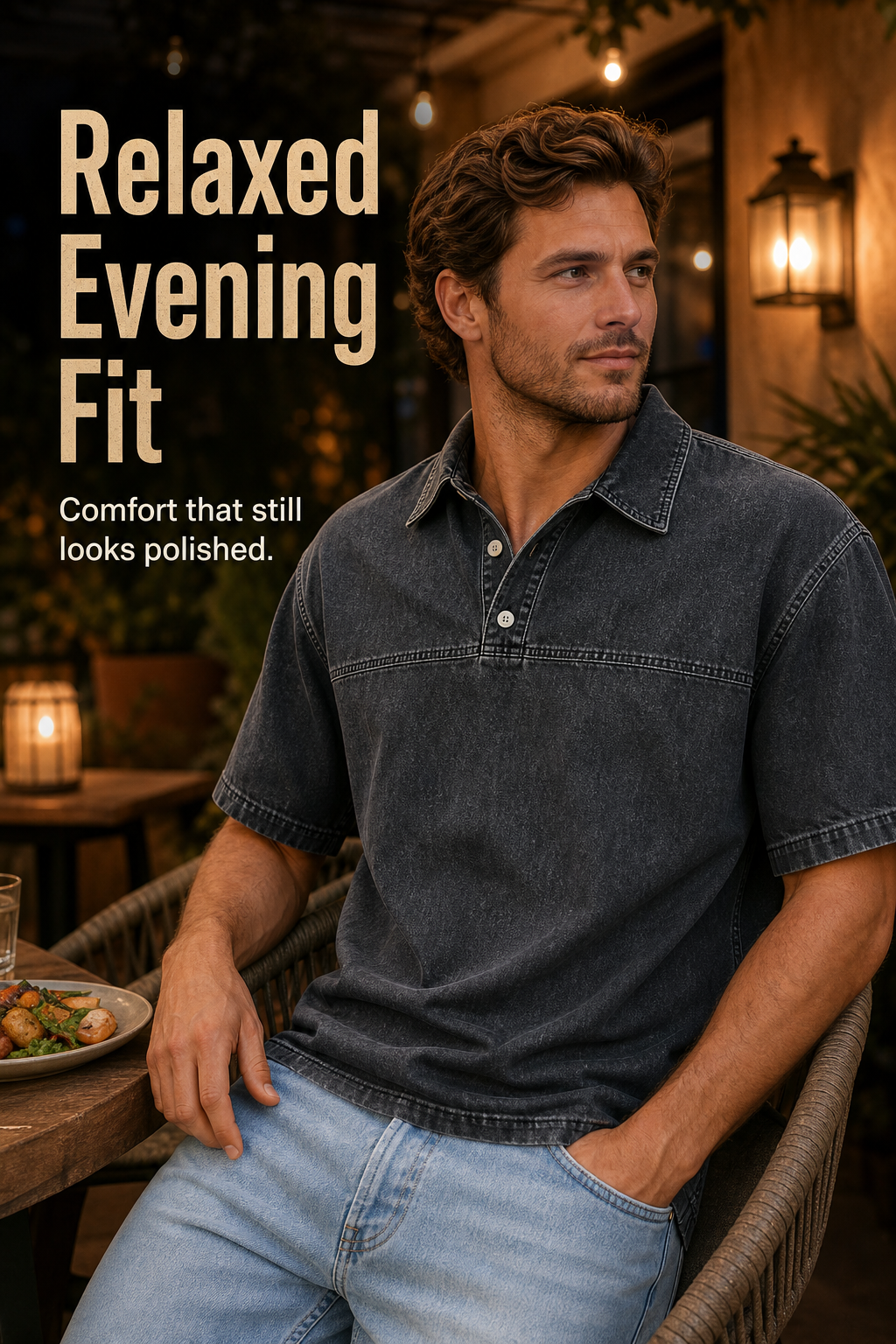 Men's Washed Denim Half-Button Short Sleeve Polo Shirt Scene4 Image Gen visual page