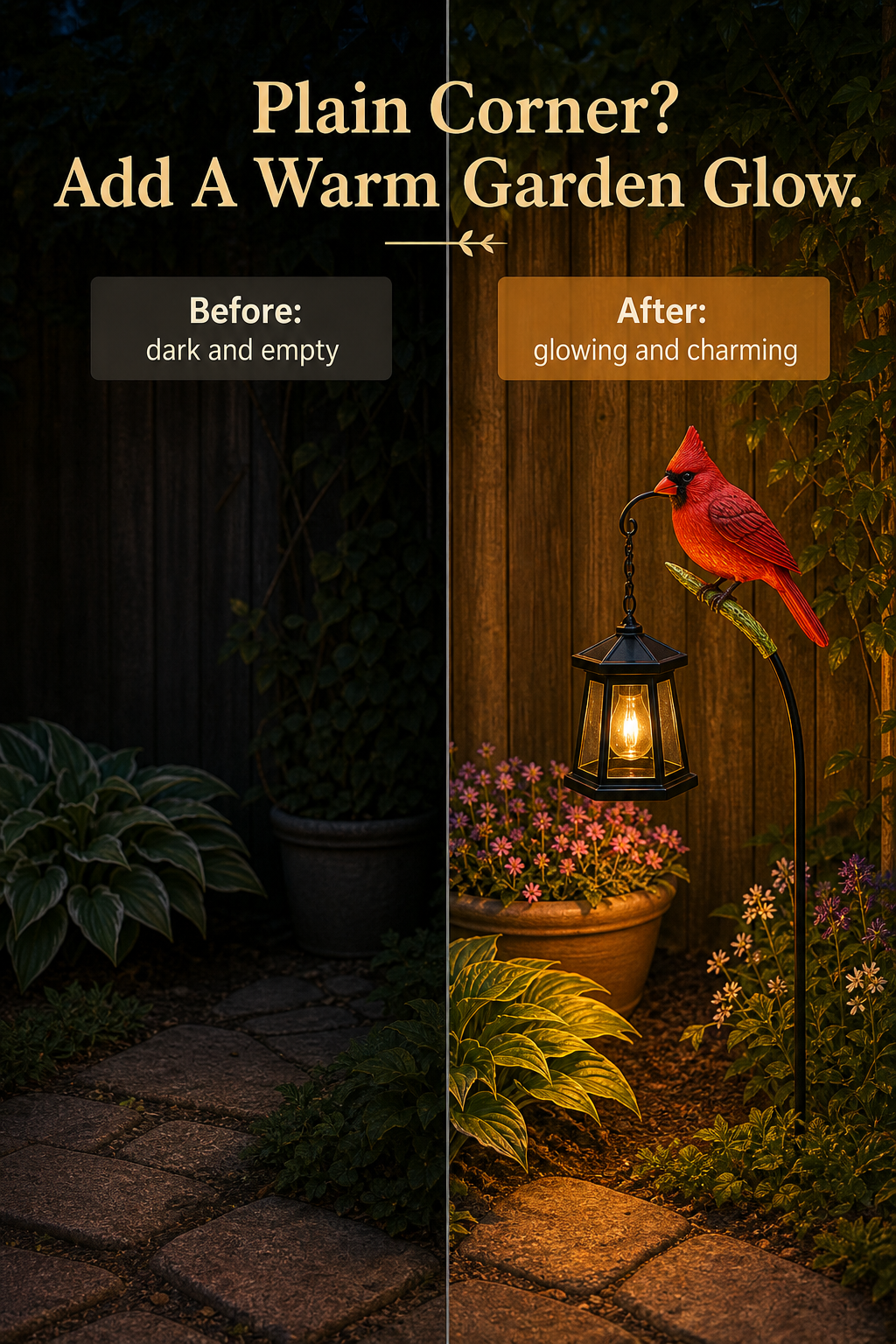 Decorative Bird Solar Garden Light BeforeAfter Image Gen one-pass visual page
