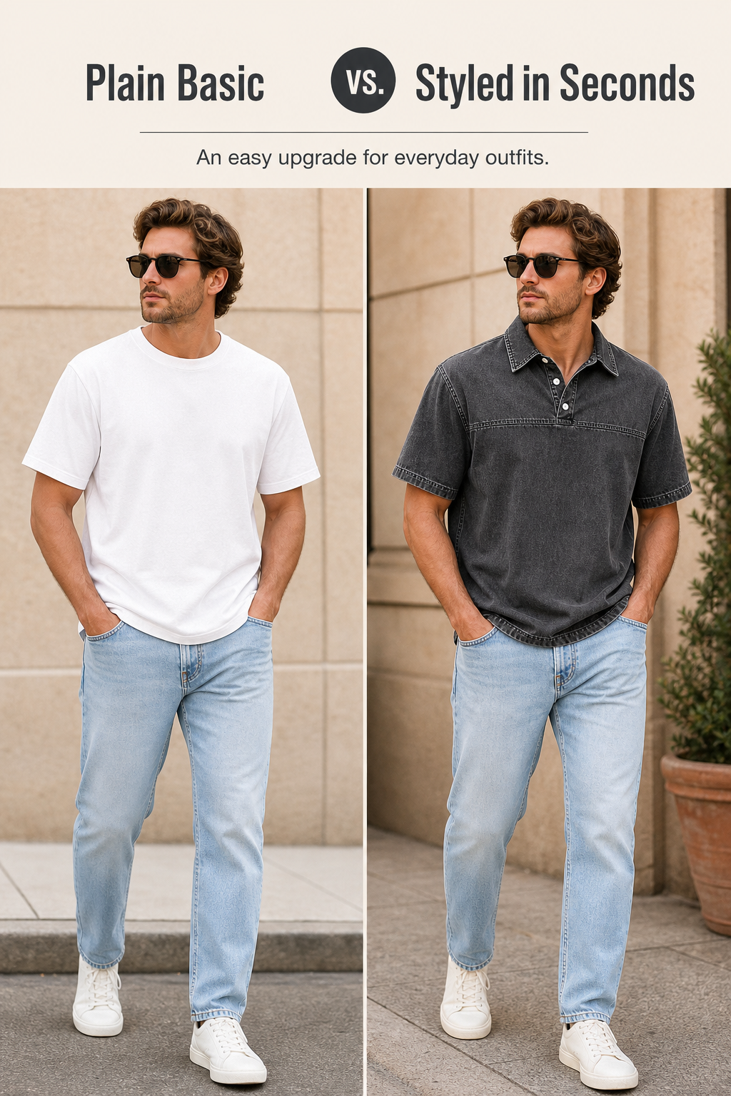 Men's Washed Denim Half-Button Short Sleeve Polo Shirt BeforeAfter Image Gen visual page