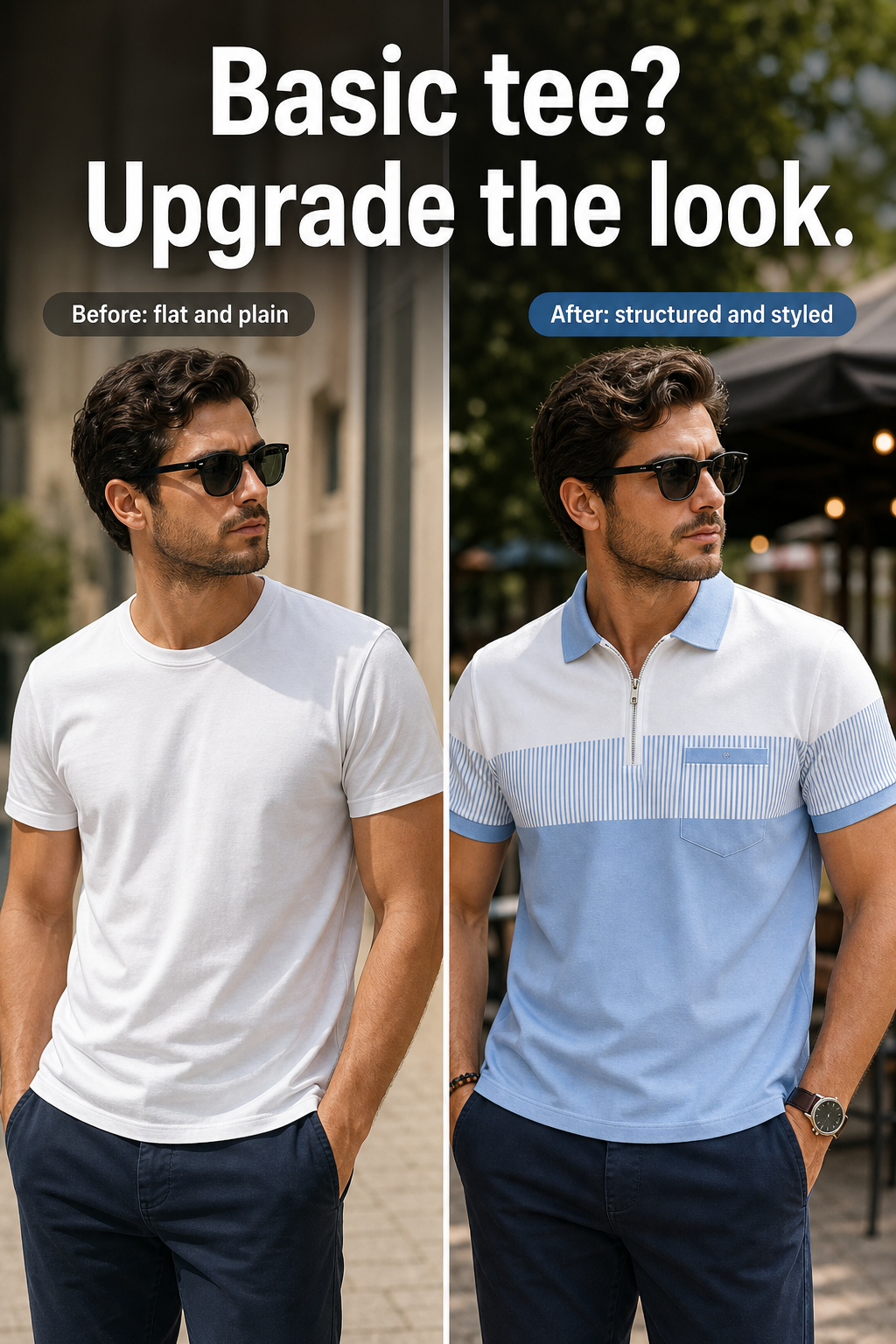 Men's Striped Color Block Half-Zip Pocket Polo Shirt BeforeAfter Image Gen one-pass visual page