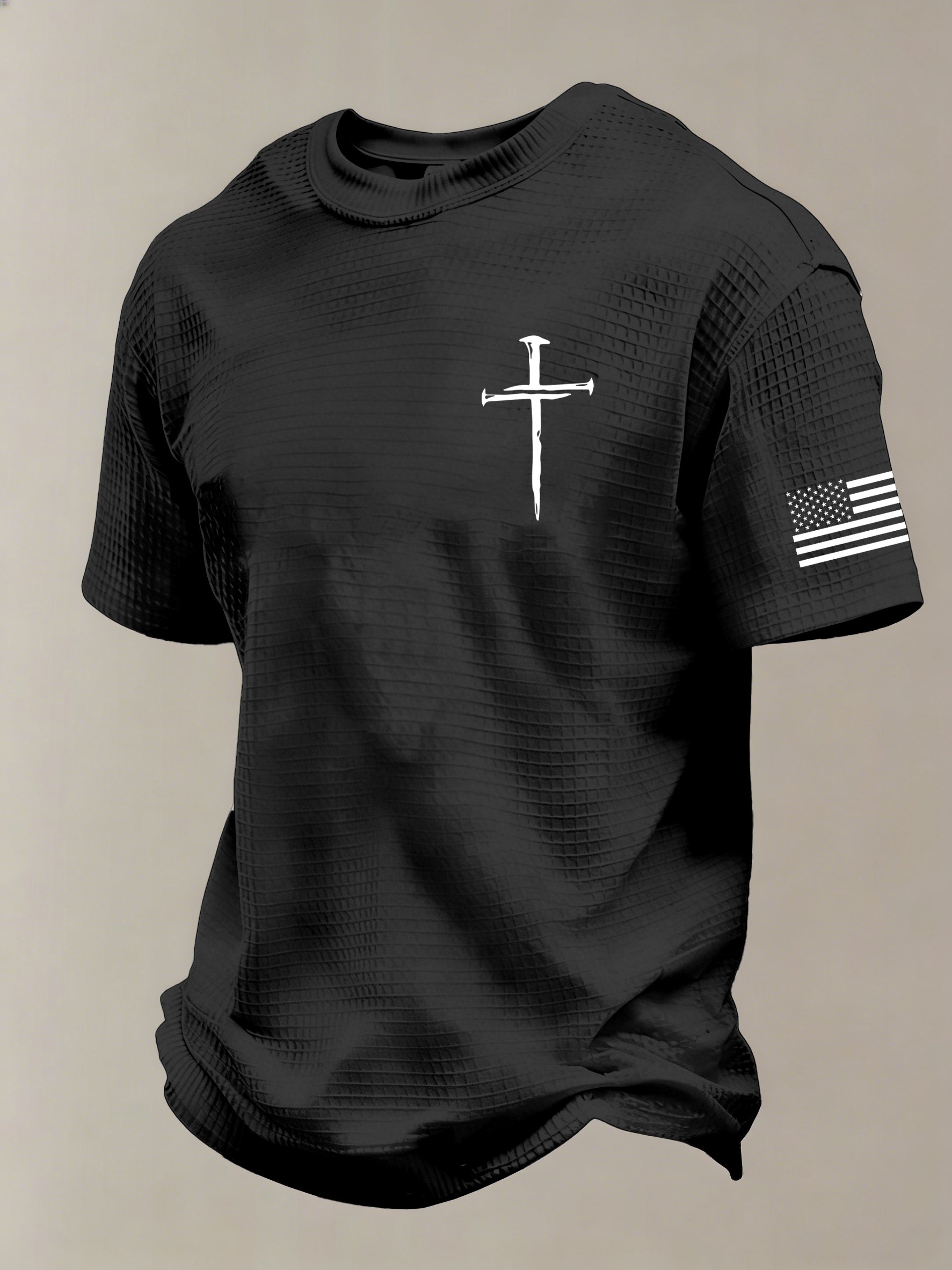 Men'S Vintage Faith Cross Flag Print Waffle-Knit Fabric T-Shirt - product image 3