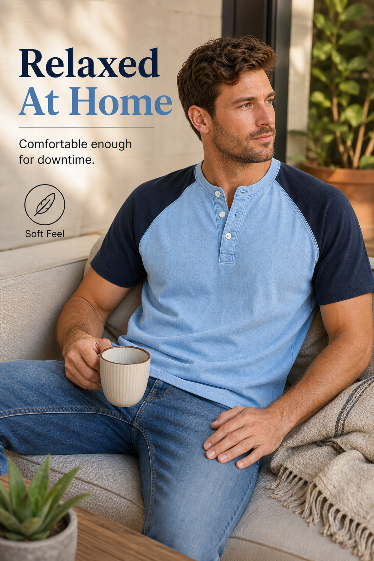 Men's Color Block Raglan Sleeve Washed Henley Tee Scene4 generated advertorial image