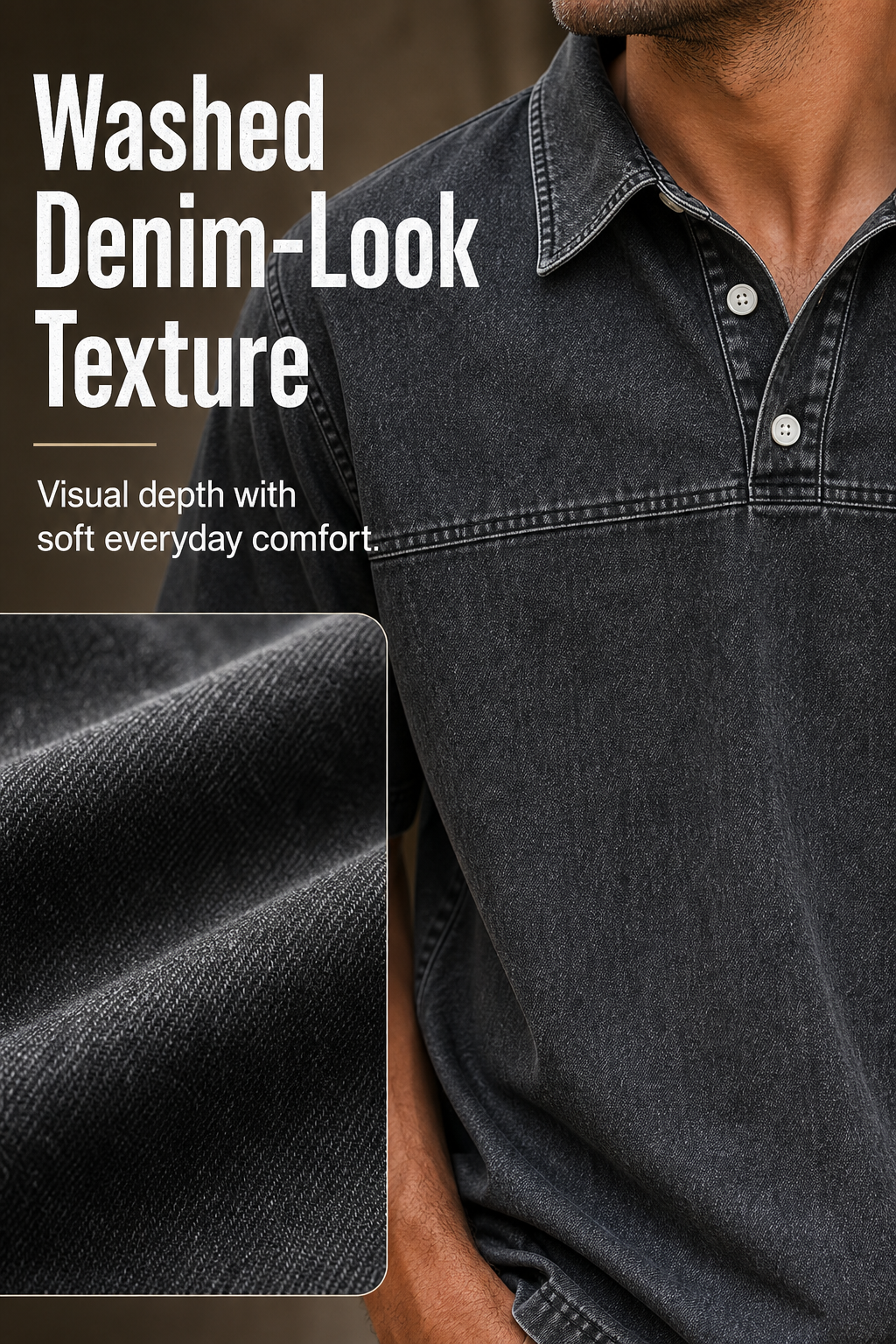 Men's Washed Denim Half-Button Short Sleeve Polo Shirt Fabric Image Gen visual page