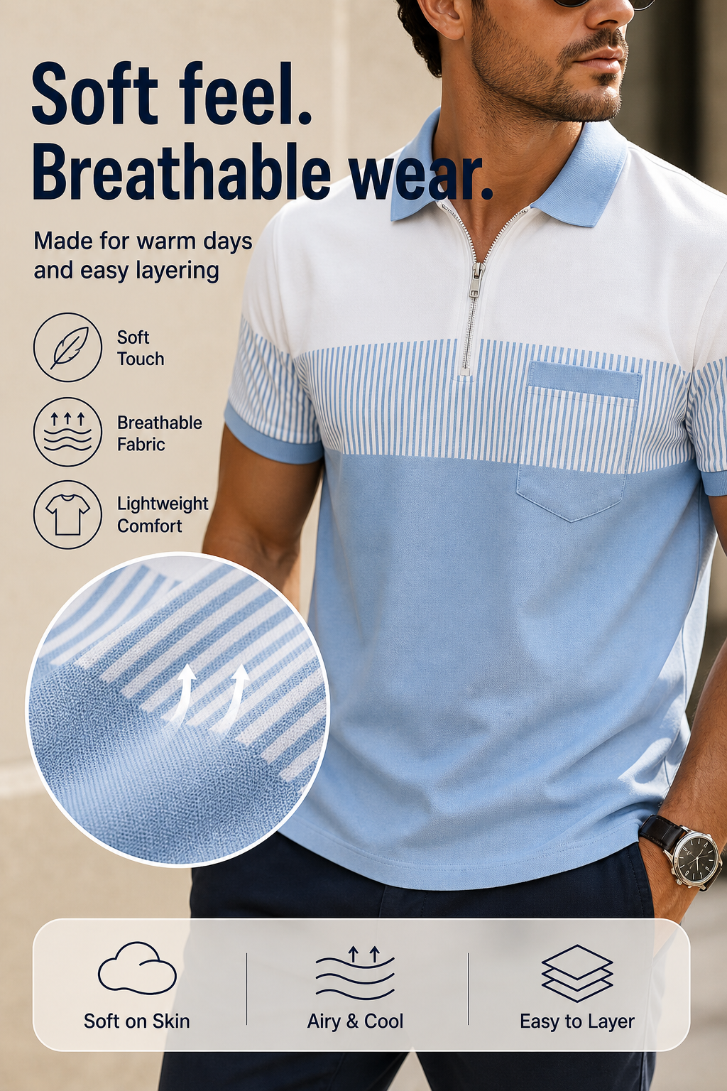 Men's Striped Color Block Half-Zip Pocket Polo Shirt Fabric Image Gen one-pass visual page
