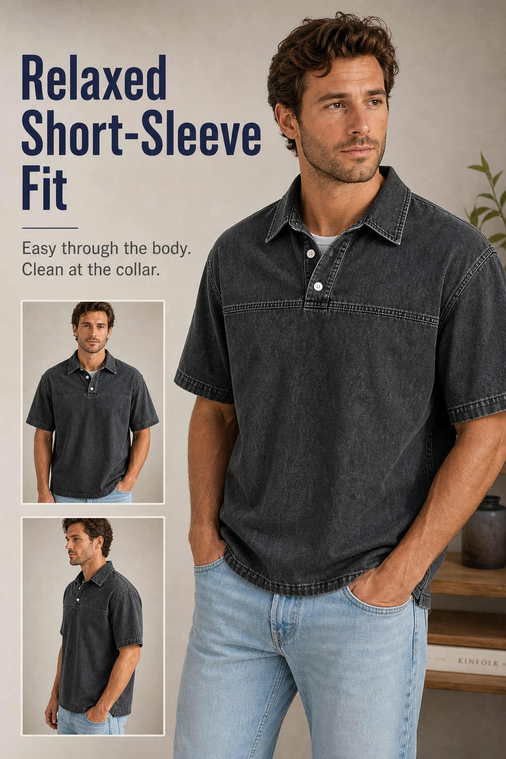 Men's Washed Denim Half-Button Short Sleeve Polo Shirt Fit Image Gen visual page