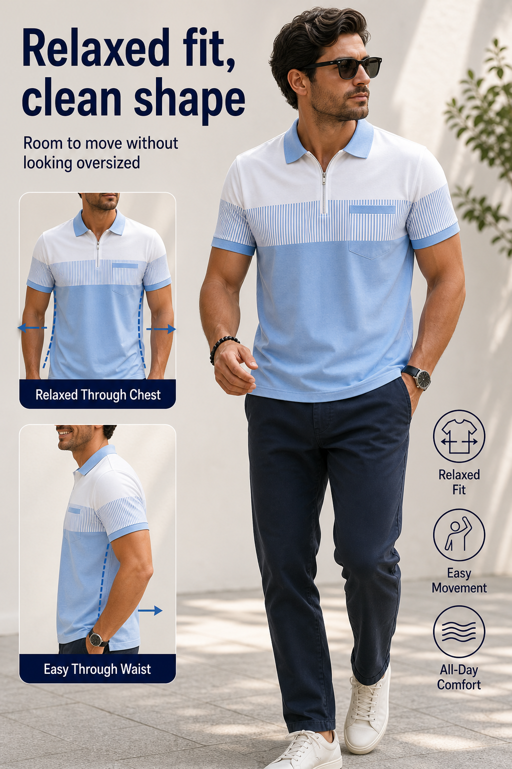 Men's Striped Color Block Half-Zip Pocket Polo Shirt Fit Image Gen one-pass visual page
