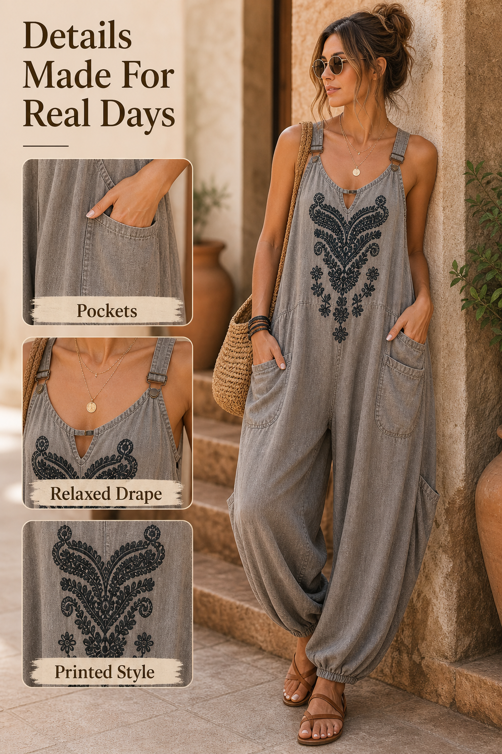 Women's Casual Pocket Printed Jumpsuit Detail Image Gen one-pass visual page