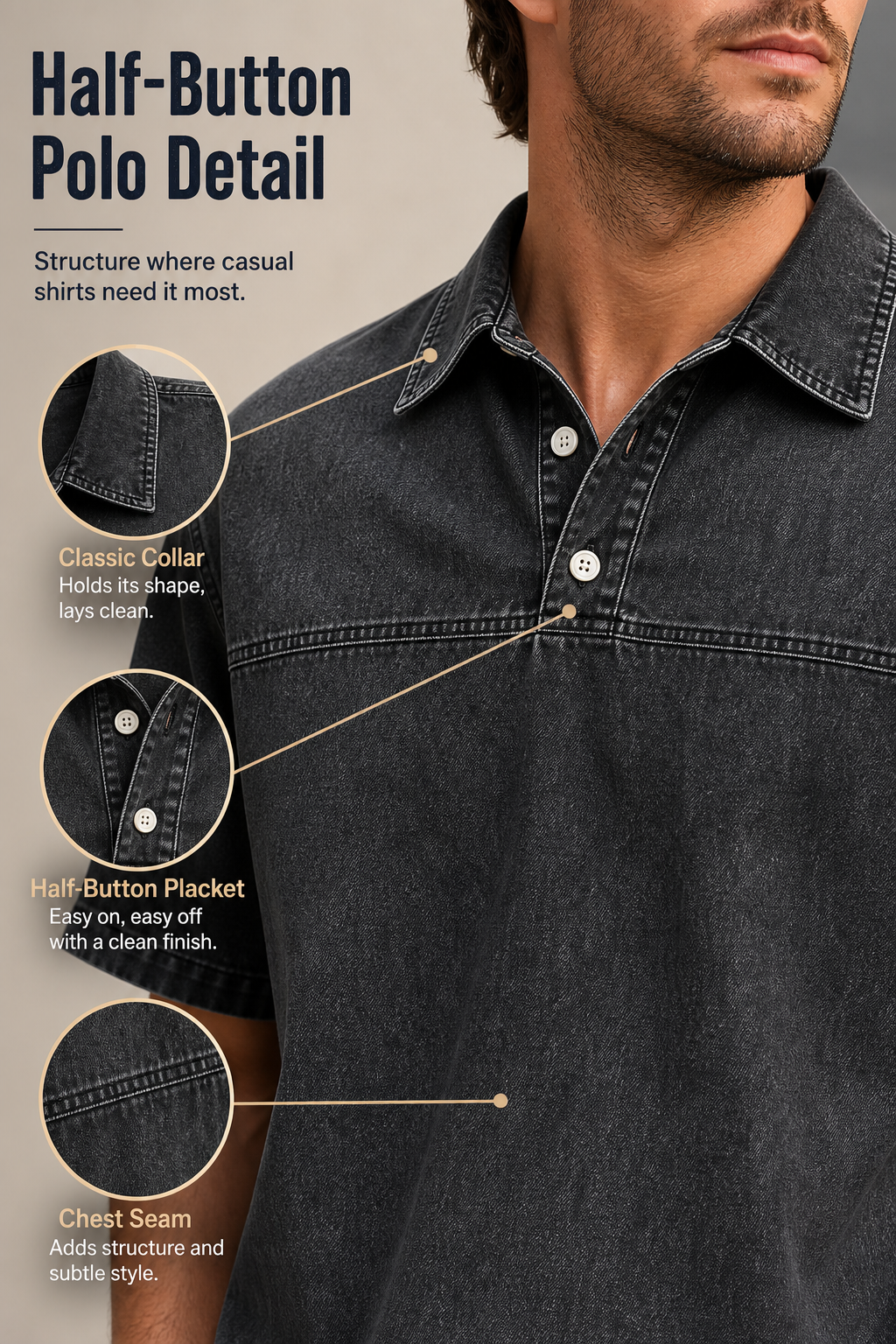 Men's Washed Denim Half-Button Short Sleeve Polo Shirt Detail Image Gen visual page