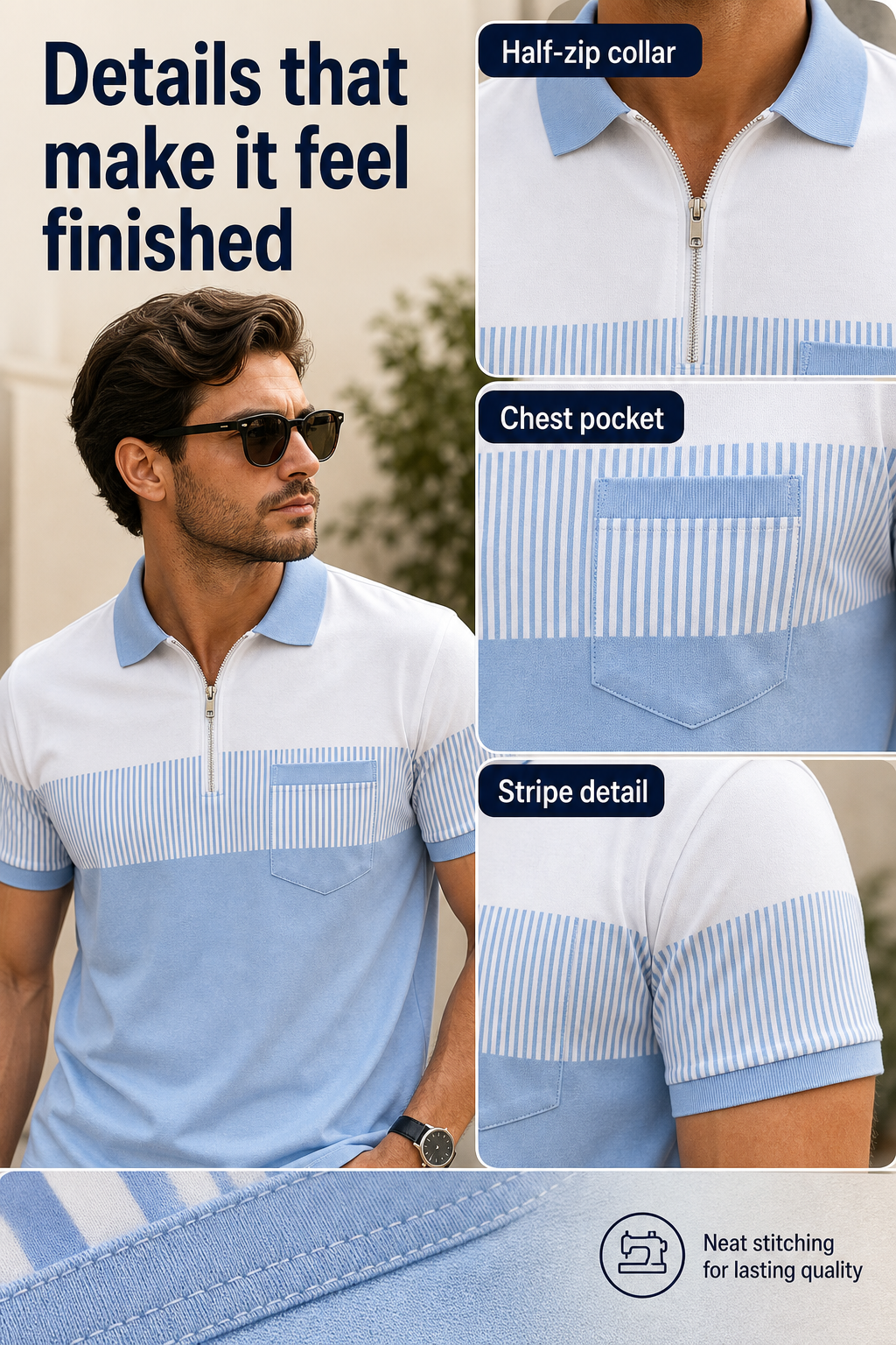 Men's Striped Color Block Half-Zip Pocket Polo Shirt Detail Image Gen one-pass visual page