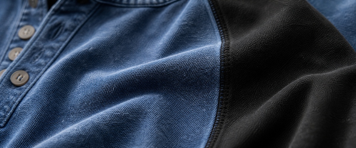 imagegen_1200x500_reopt_20260702 Men's Color Block Raglan Sleeve Washed Henley Tee material closeup trust banner