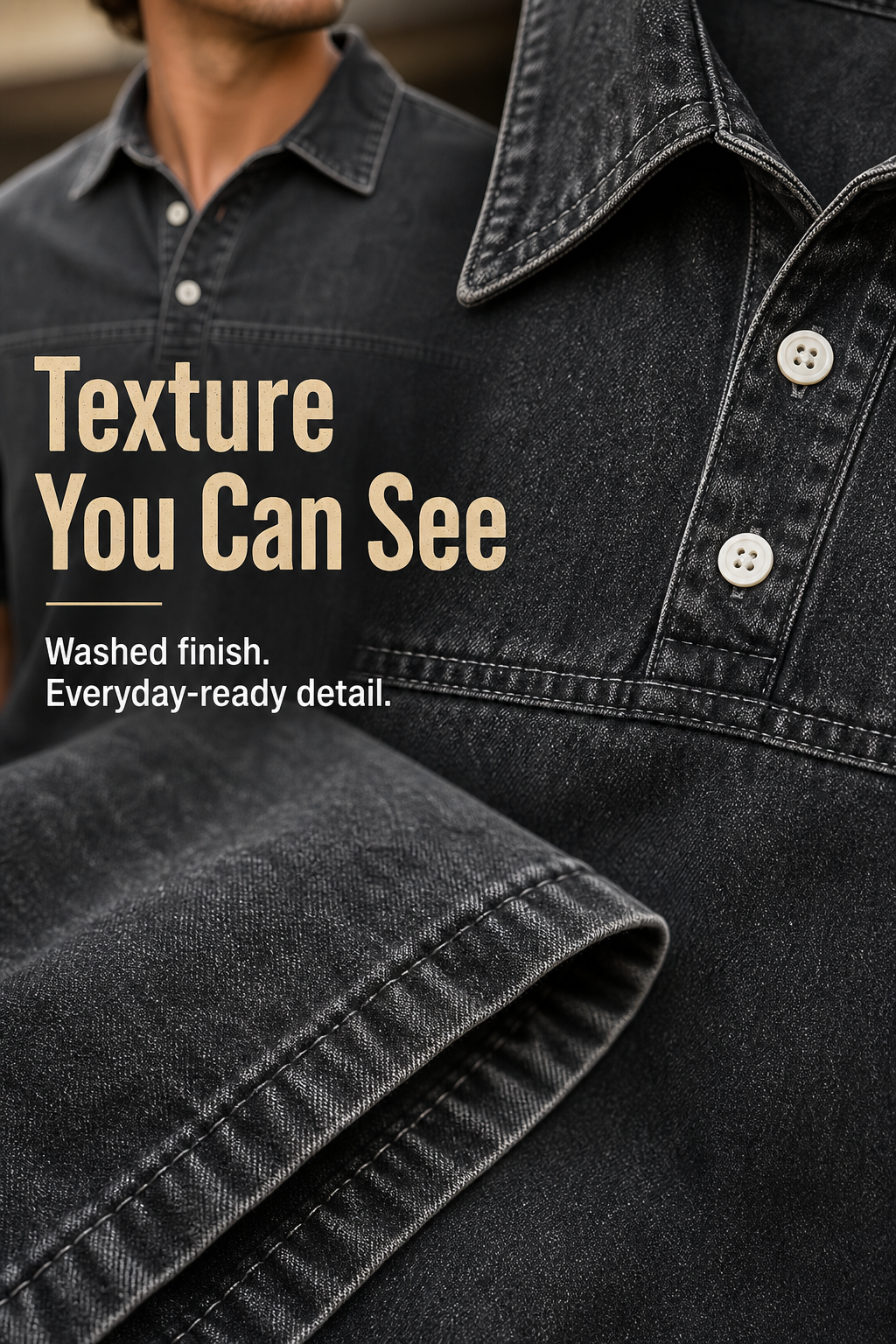 Men's Washed Denim Half-Button Short Sleeve Polo Shirt MaterialCloseUp Image Gen visual page