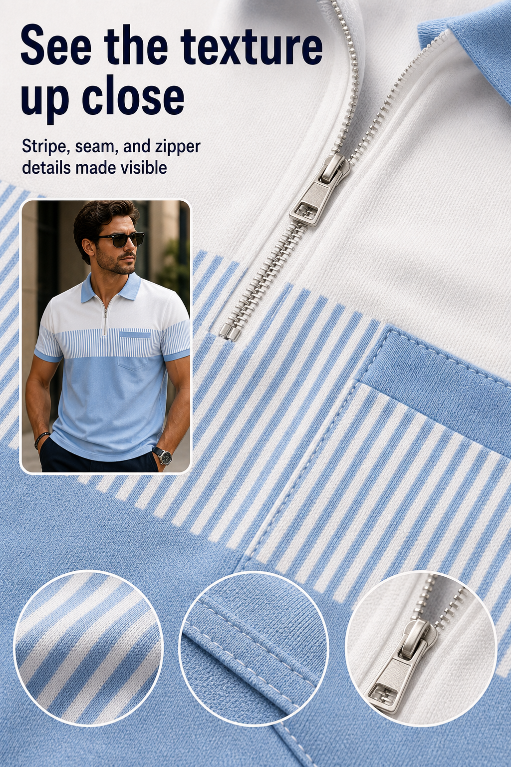 Men's Striped Color Block Half-Zip Pocket Polo Shirt MaterialCloseUp Image Gen one-pass visual page