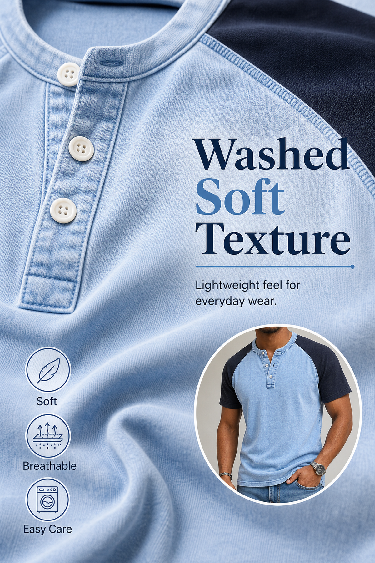 Men's Color Block Raglan Sleeve Washed Henley Tee Fabric generated advertorial image