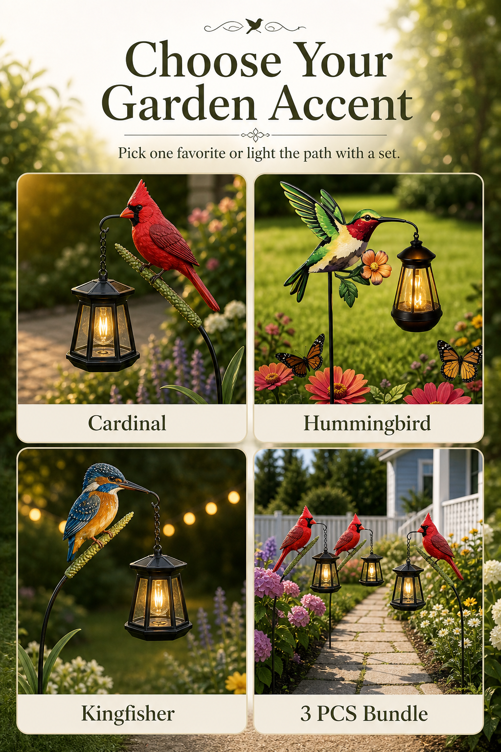 Decorative Bird Solar Garden Light SizeGuide Image Gen one-pass visual page