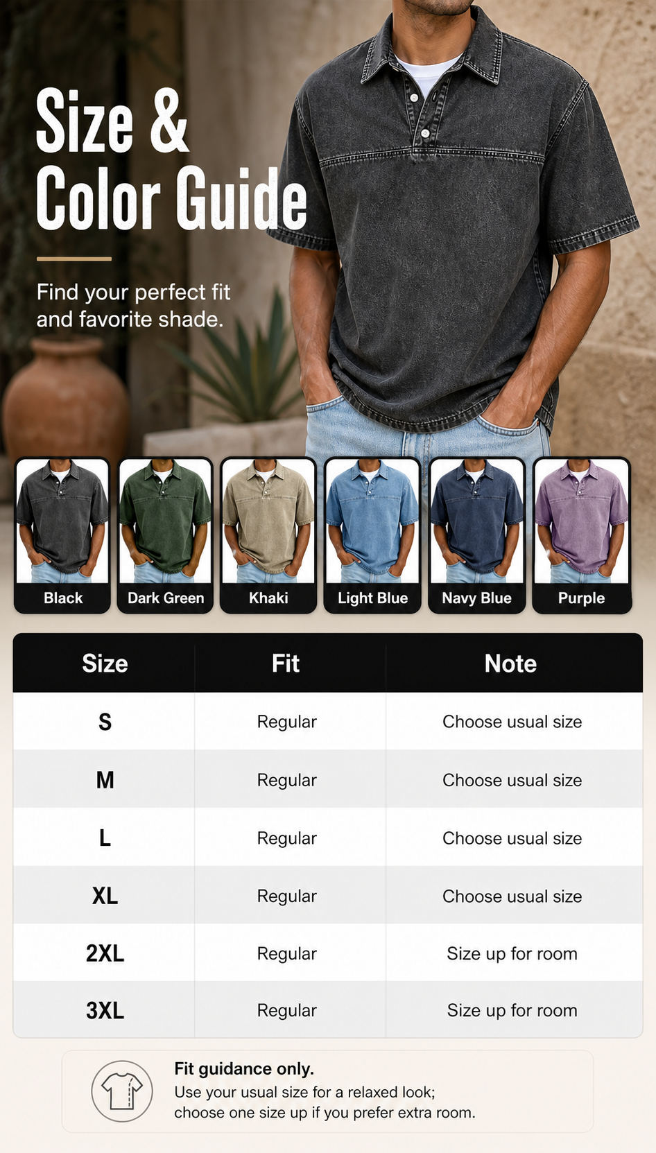 Men's Washed Denim Half-Button Short Sleeve Polo Shirt SizeGuide Image Gen visual page