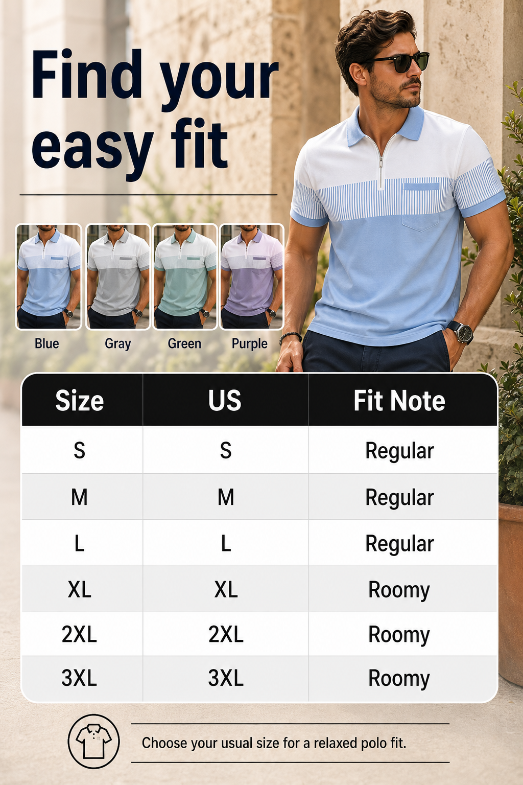 Men's Striped Color Block Half-Zip Pocket Polo Shirt SizeGuide Image Gen one-pass visual page