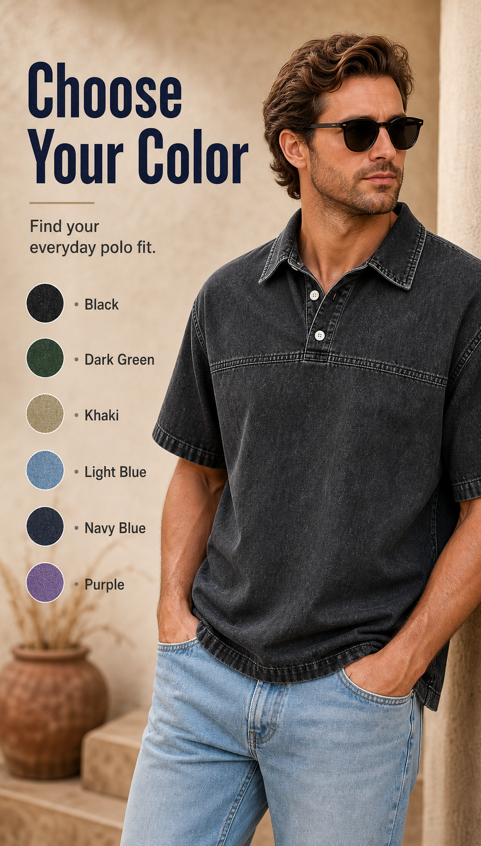 Men's Washed Denim Half-Button Short Sleeve Polo Shirt CTA Image Gen visual page