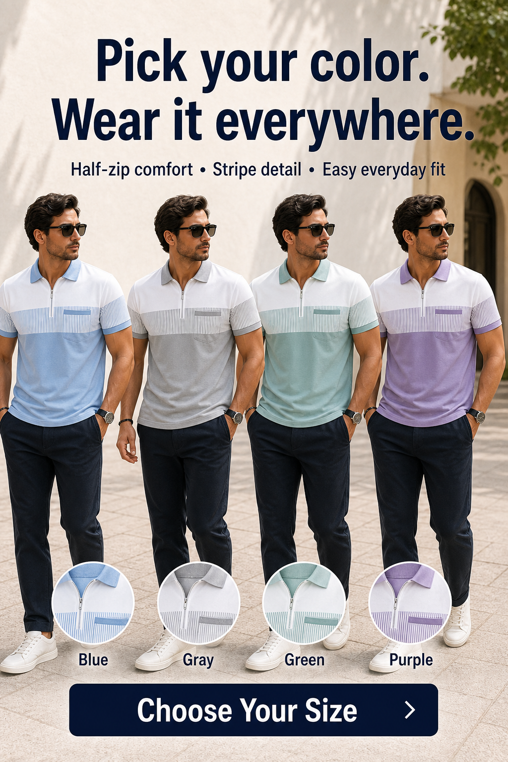 Men's Striped Color Block Half-Zip Pocket Polo Shirt CTA Image Gen one-pass visual page