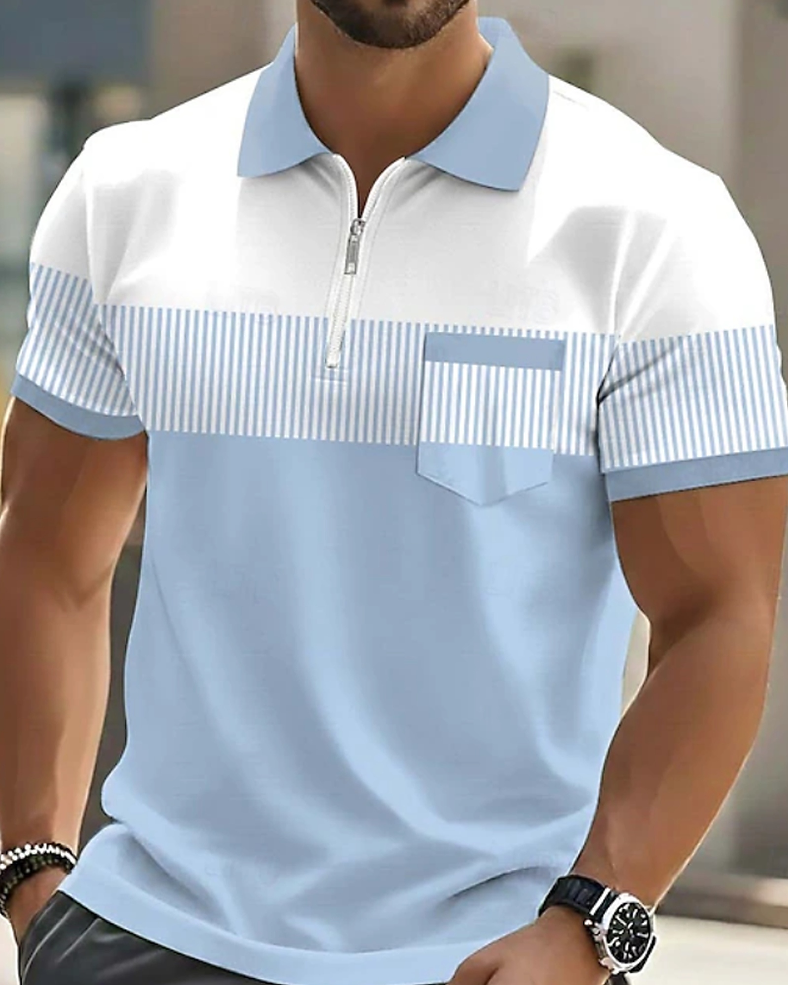 Men's Striped Color Block Half-Zip Pocket Polo Shirt product selection - Blue