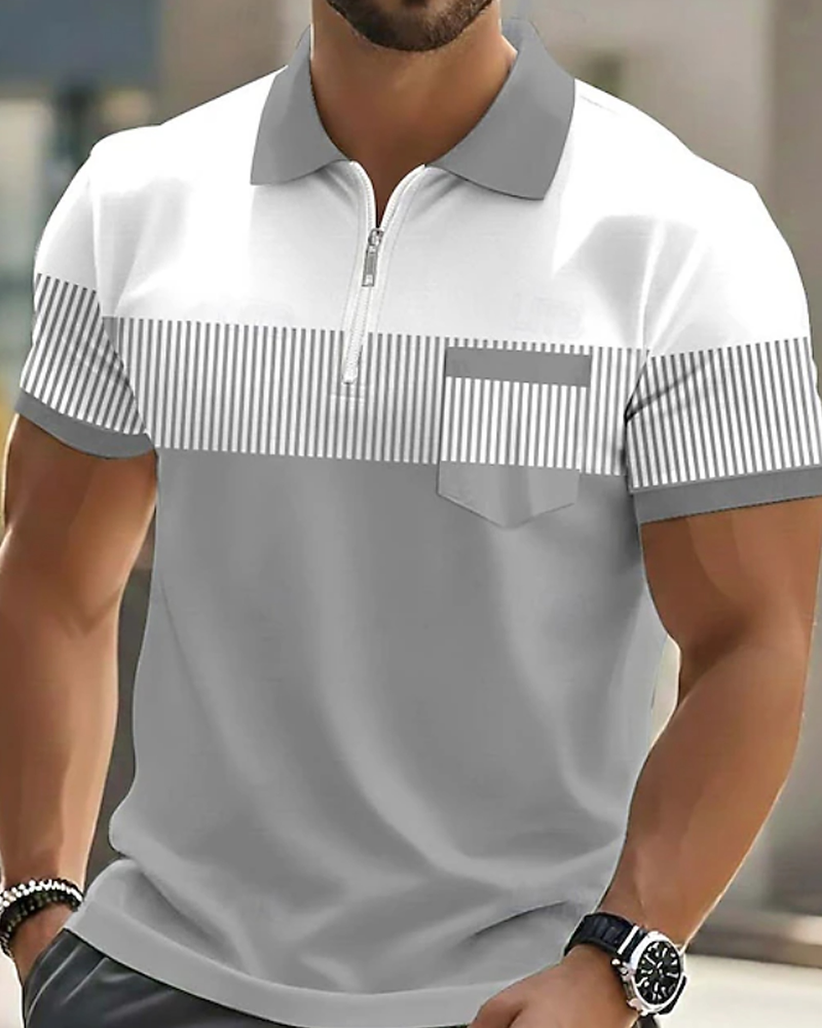 Men's Striped Color Block Half-Zip Pocket Polo Shirt product selection - Gray