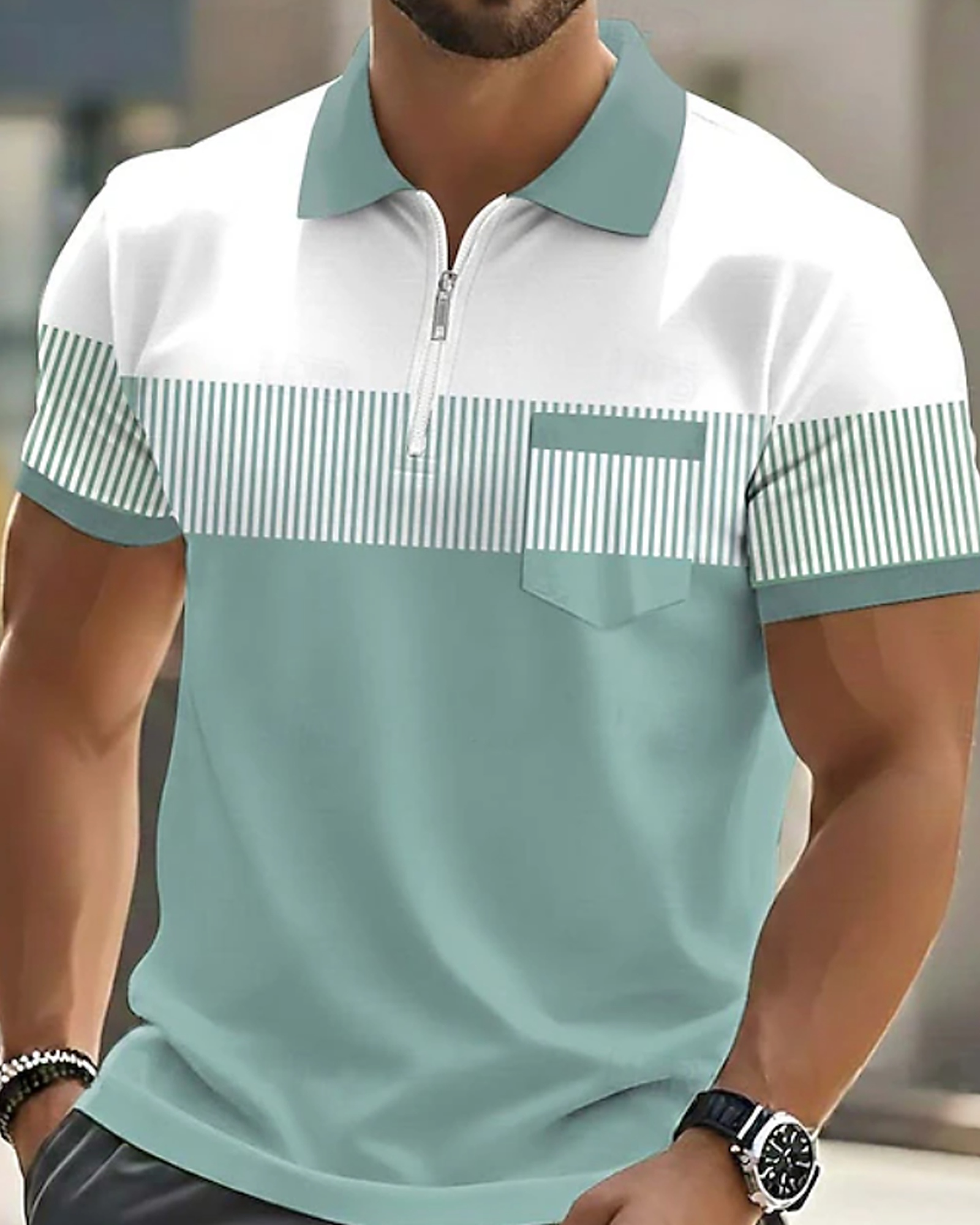 Men's Striped Color Block Half-Zip Pocket Polo Shirt product selection - Green