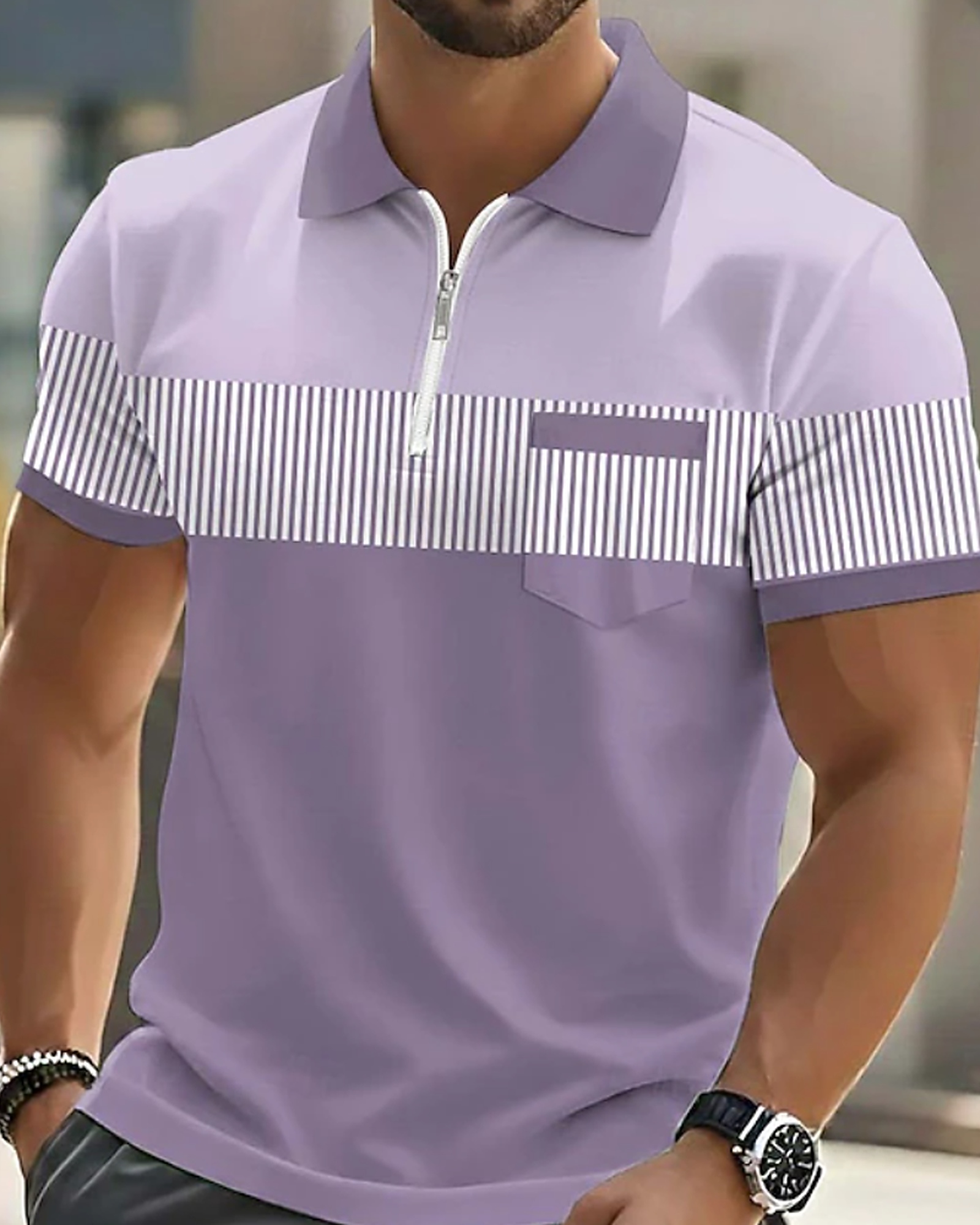 Men's Striped Color Block Half-Zip Pocket Polo Shirt product selection - Purple