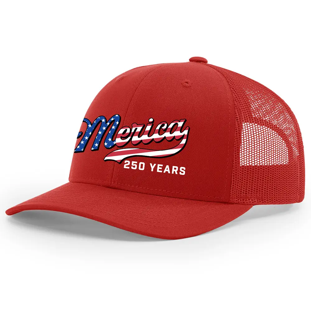 TRENZ SHIRT COMPANY Men's 250th American Anniversary Trucker Hat Patriotic USA Flag 'Merica Beer Logo Embroidered Mesh Back One Size Fits Most