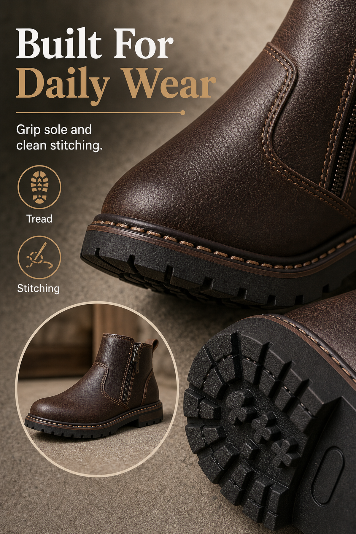 Men's Wide Toe Box Leather Boots with Side Zipper MaterialCloseUp generated advertorial image