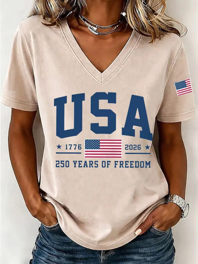 Women'S America Flag Floral Print Casual V-Neck T-Shirt - product image 4
