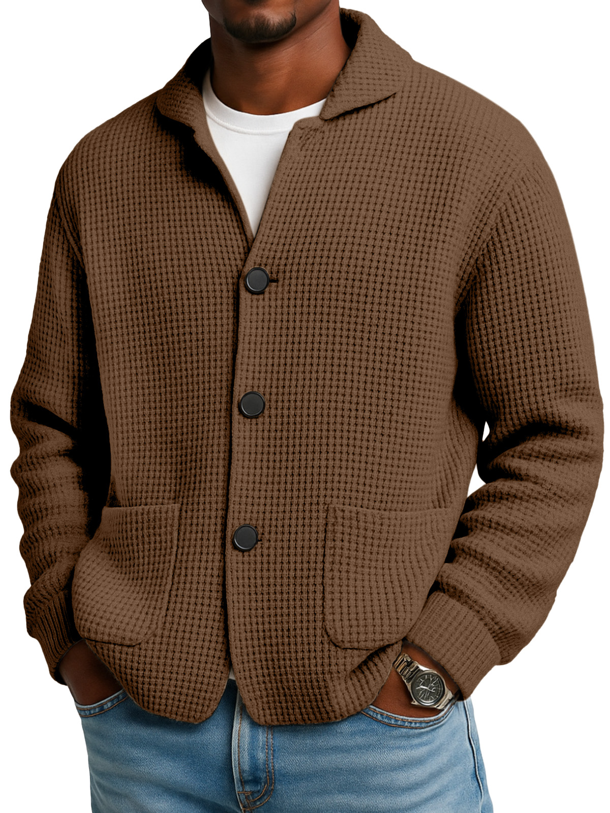 Men's textured waffle knit cardigan jacket in Brown