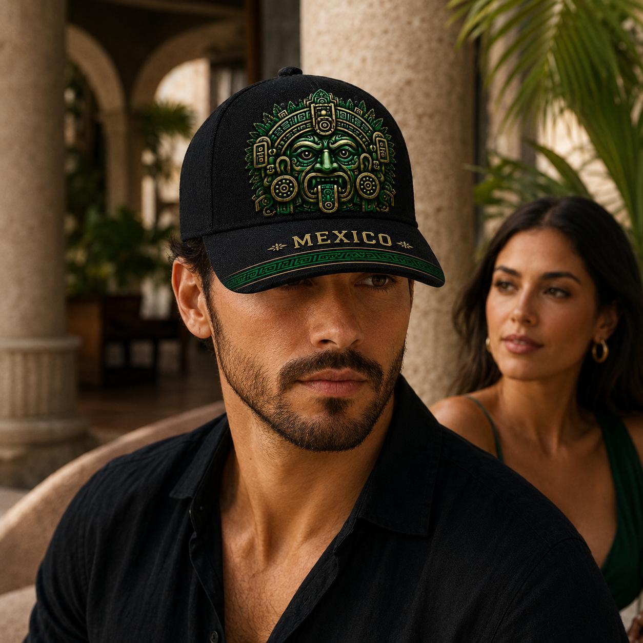 Mexico Baseball Cap - Mens Hats, Unisex Black/Green Aztec Mask Graphic Hat with Mexican Flag Embroidered Patch, Adjustable Snapback, Casual Outfits Cap, Mexico Pride Outdoor Sun Accessory for Soccer Fans, Sports Streetwear