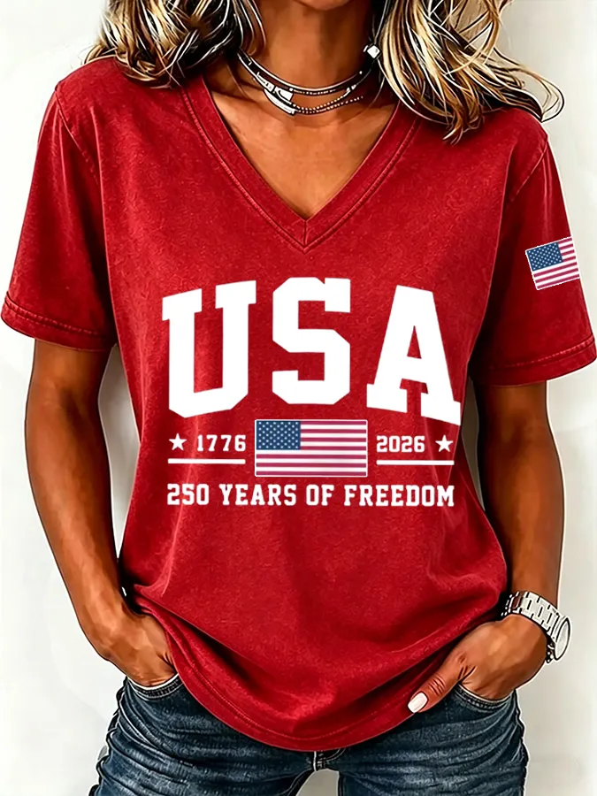 Women'S America Flag Floral Print Casual V-Neck T-Shirt - product image 2