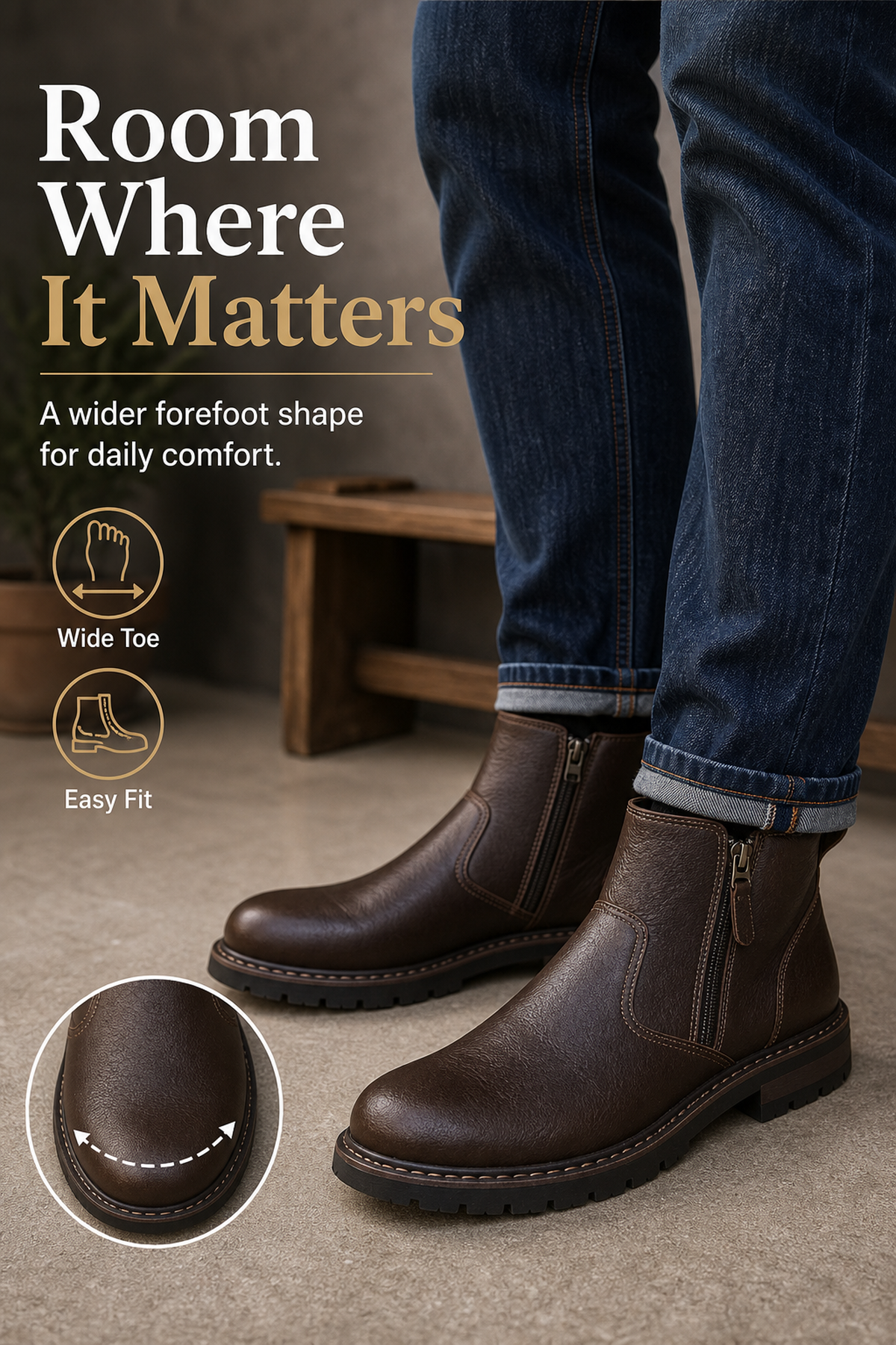 Men's Wide Toe Box Leather Boots with Side Zipper Fit generated advertorial image
