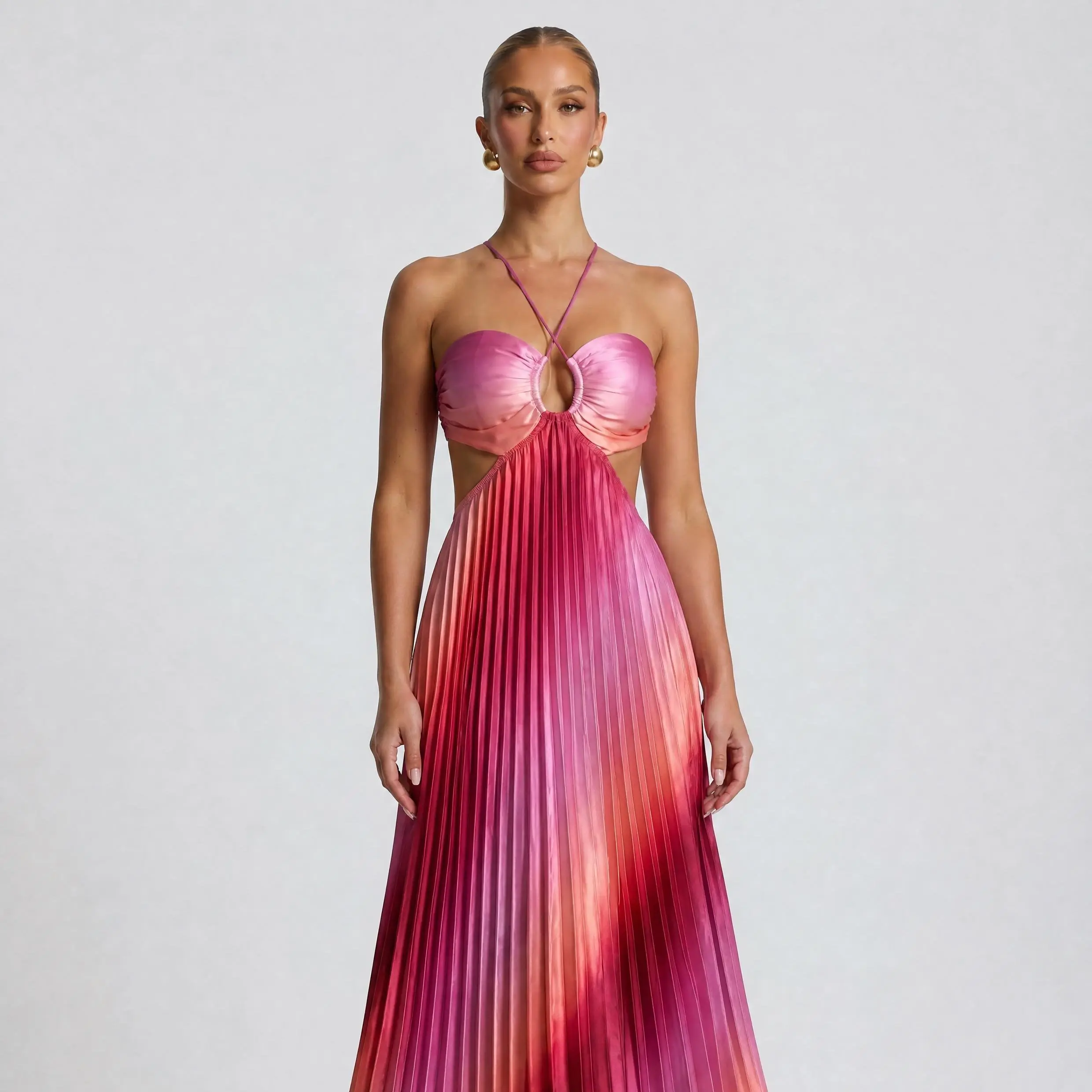 Women's 2026 Halter Cutout Ombre Pleated Maxi Dress - Satin Party - front view