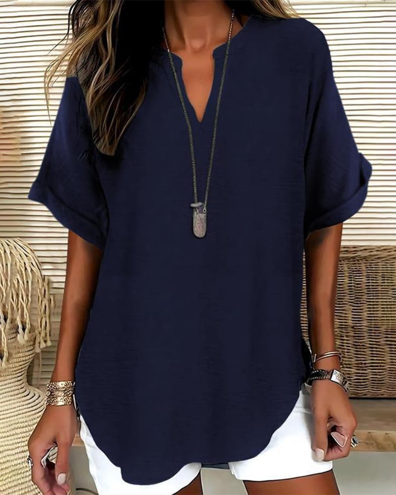 Loose Solid Color Women's Casual Blouse - Navy Blue