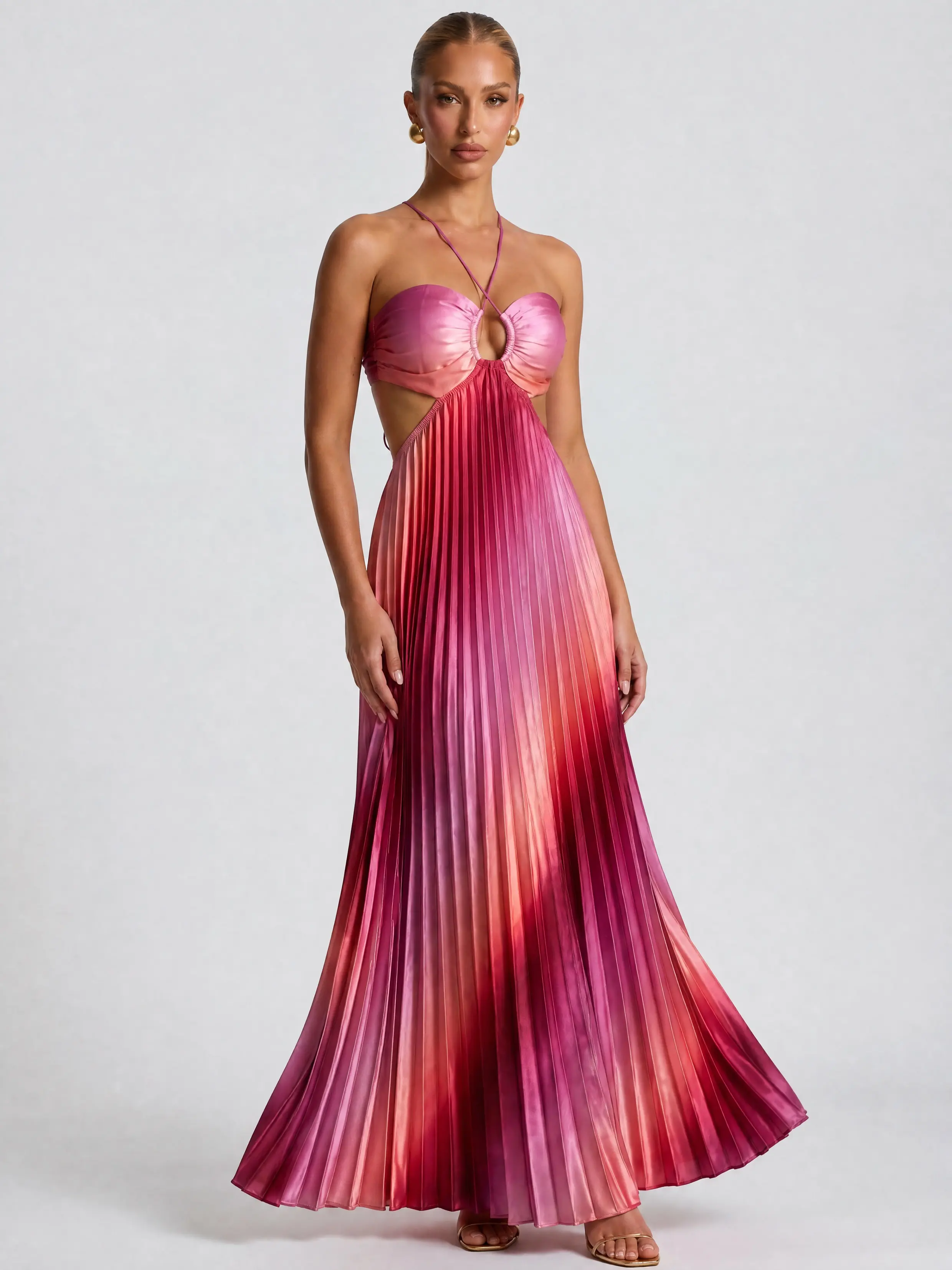 Women's 2026 Halter Cutout Ombre Pleated Maxi Dress - Satin Party - product image 4