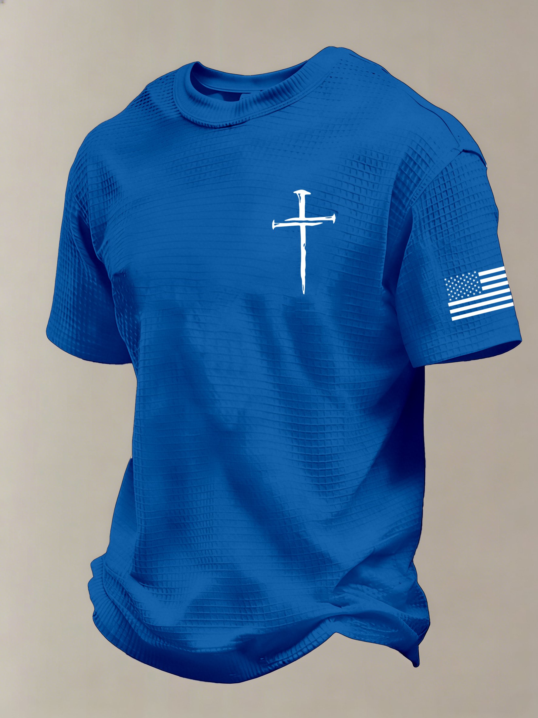 Men'S Vintage Faith Cross Flag Print Waffle-Knit Fabric T-Shirt - product image 5