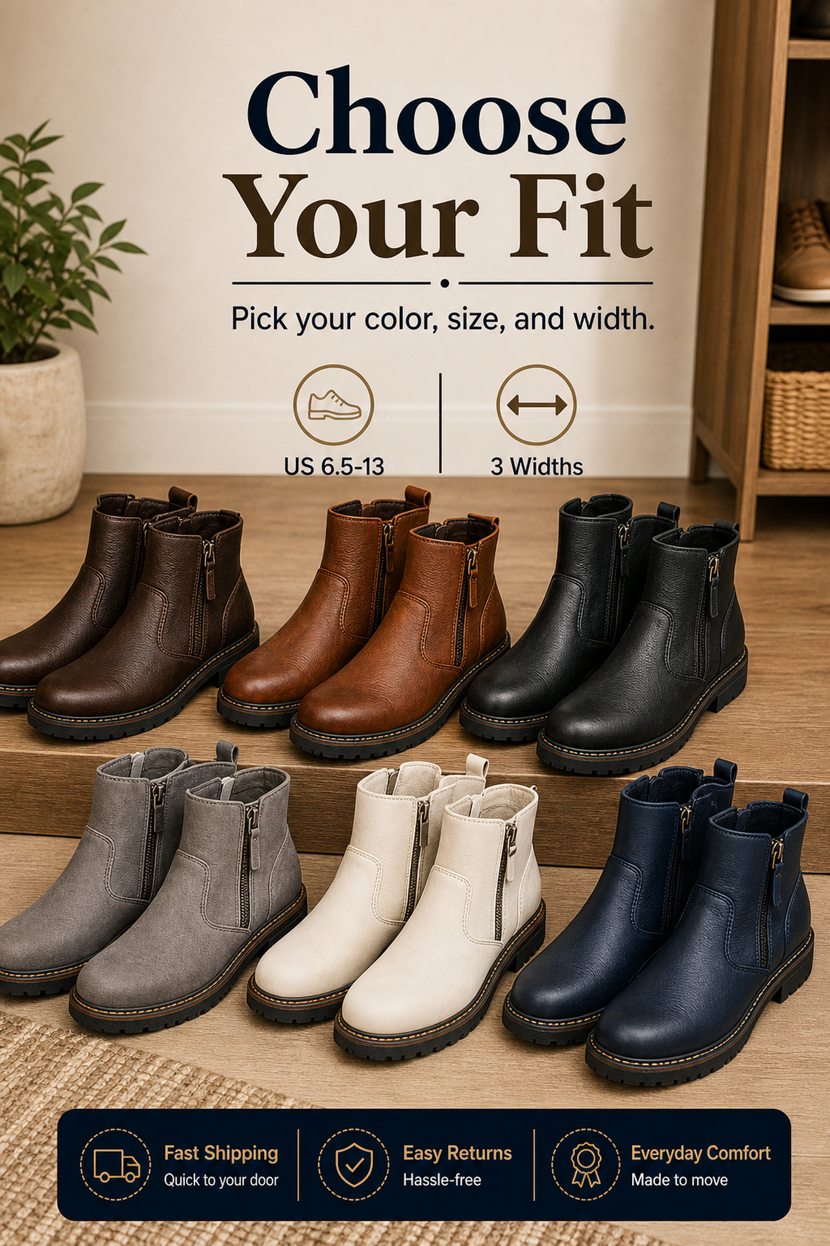 Men's Wide Toe Box Leather Boots with Side Zipper CTA generated advertorial image