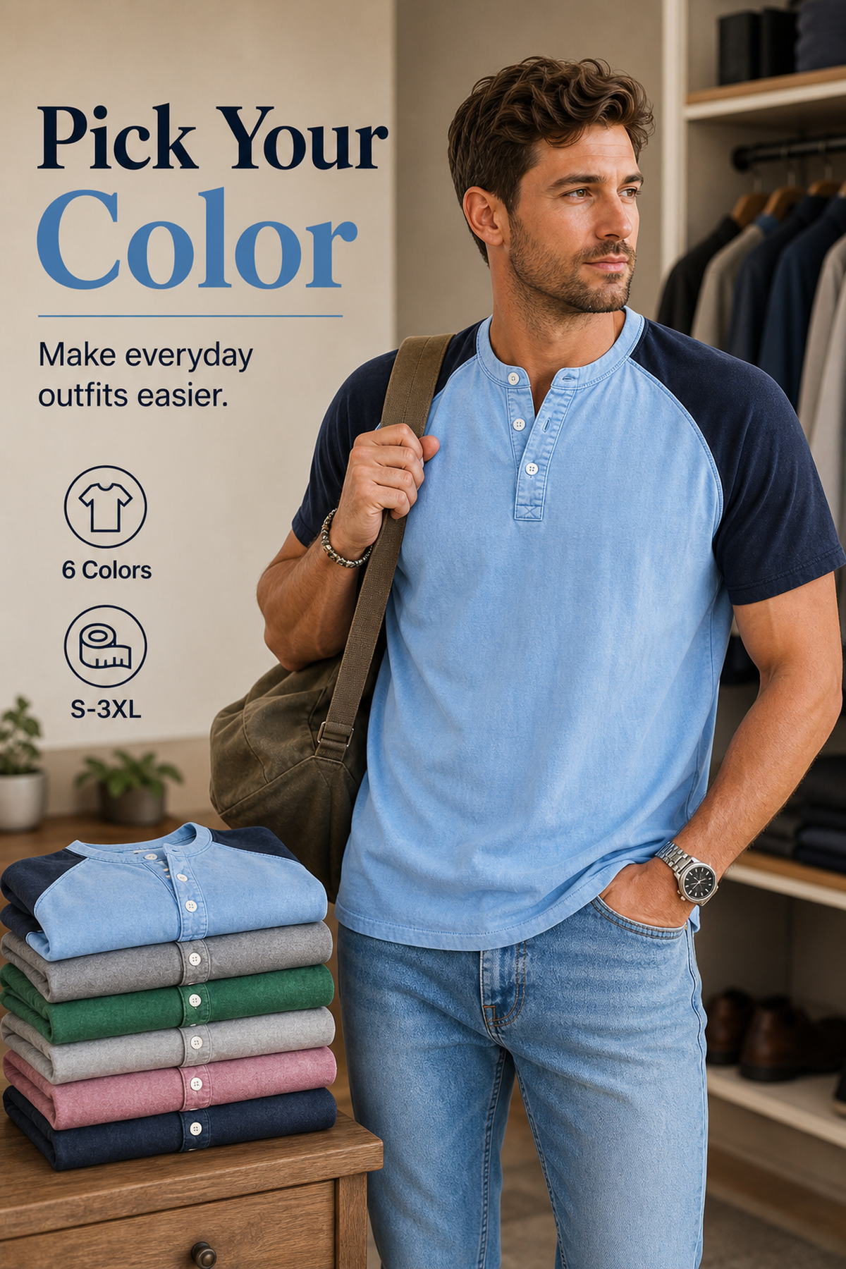 Men's Color Block Raglan Sleeve Washed Henley Tee CTA generated advertorial image