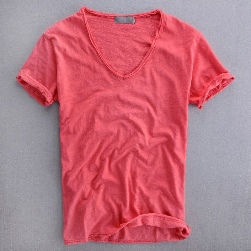 Red short-sleeve V-neck cotton T-shirt with soft natural wrinkles