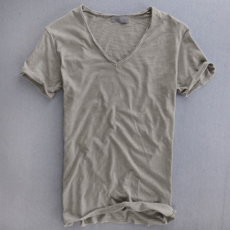 Light gray short-sleeve V-neck cotton T-shirt with relaxed cotton texture