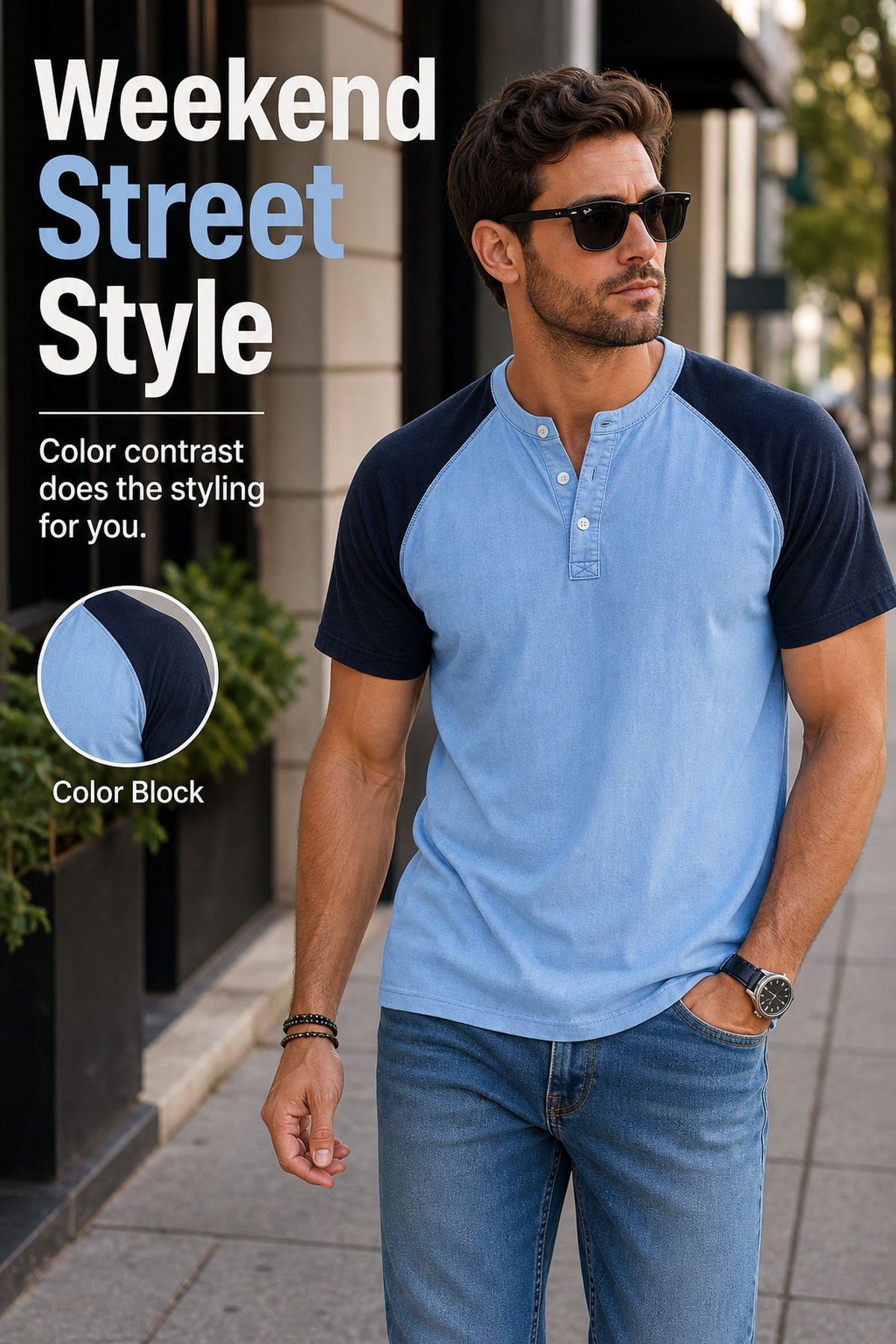 Men's Color Block Raglan Sleeve Washed Henley Tee Scene3 generated advertorial image